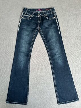 Rock & Roll Cowgirl 27 x 34 low Rise Flare Jeans Stretch Western Thick Stitch